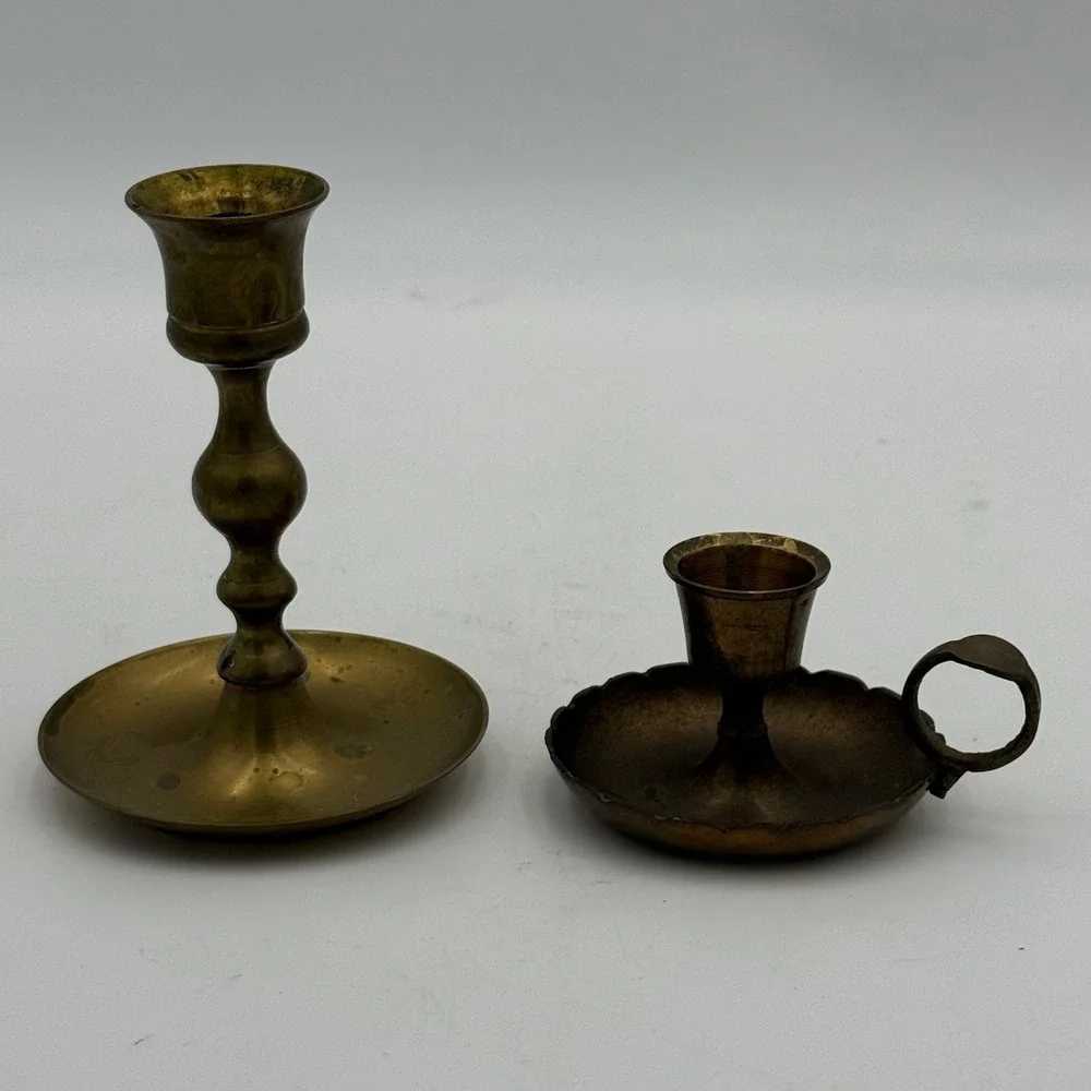 Vintage Brass Candlestick Holder Set Spindle Taper and Scalloped Chamberstick